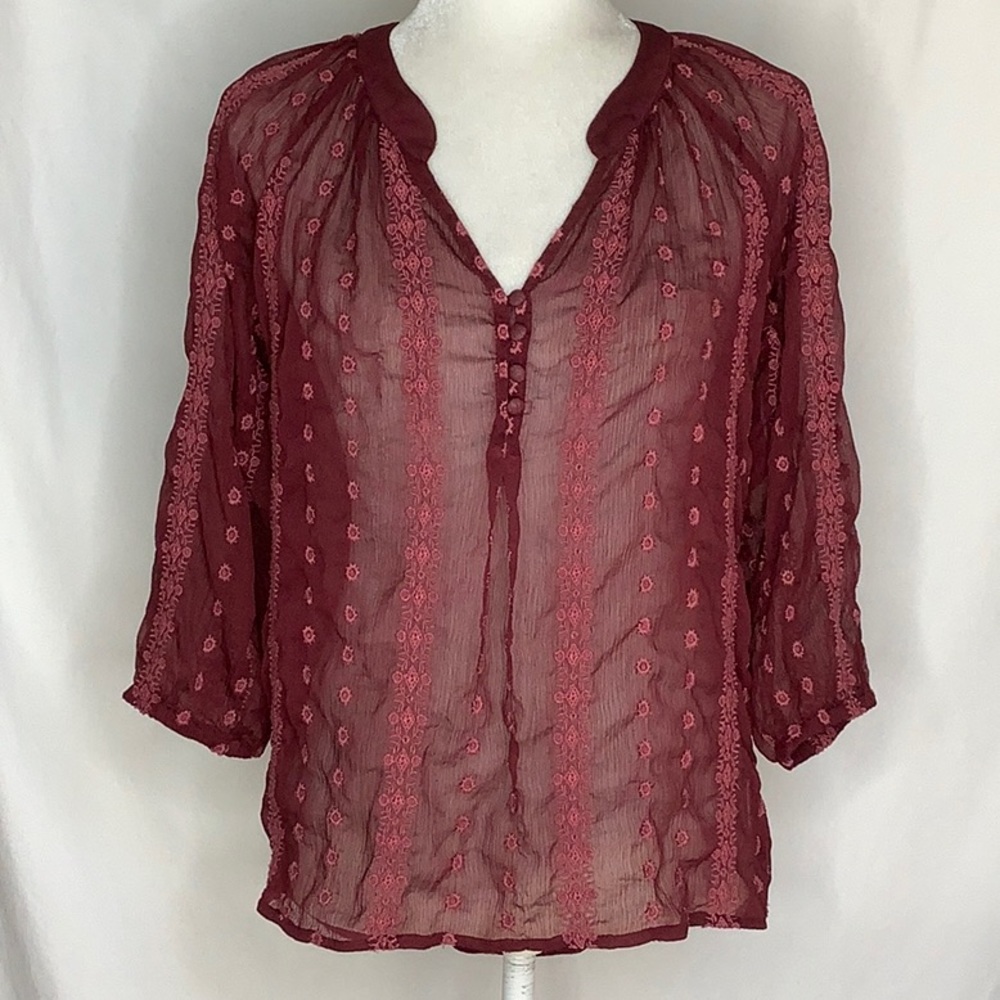Sheer Boho Embroidered Popover Blouse Size S